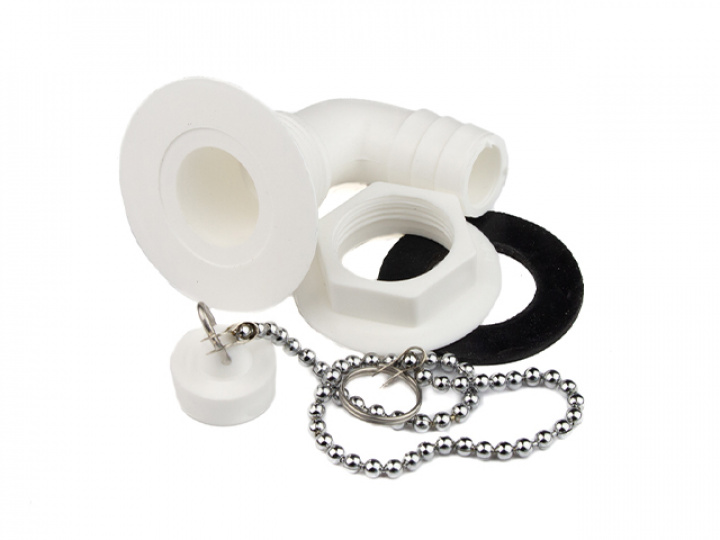 Avloppsbeslag vinklat ansl. ø19mm med kedja och propp i gruppen Husbil & Husvagn / Vatten & VVS / VVS / Vattenlås hos Camping 4U (9930009)