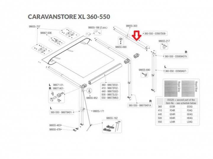 Överliggare CS XL 360-550 cm i gruppen Markiser & Förtält / Markiser / Reservdelar markiser / Reservdelar Fiamma / Caravanstore XL 280-550 hos Camping 4U (HR03567D08)